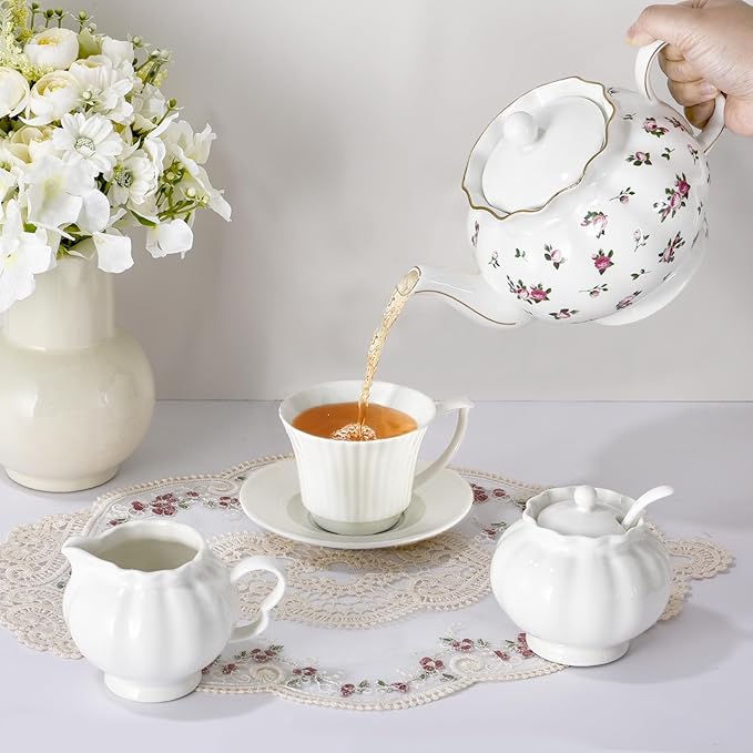 Floral Teapot with Infuser, 33oz, Ceramic Tea Pot with Tea Strainers for Loose Leaf Tea, Rose Teapots for Tea Party, New Bone Porcelain Teapot