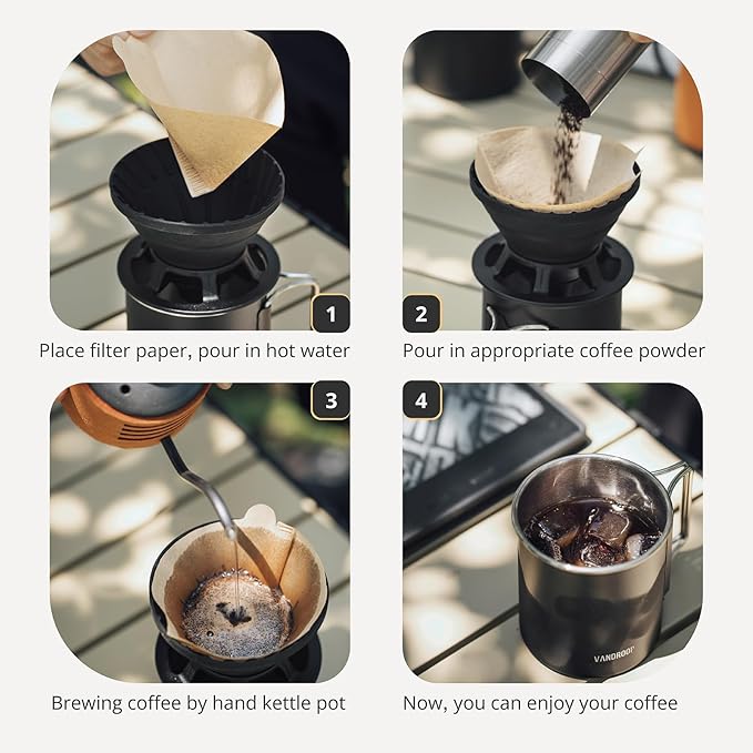 Portable Pour Over Coffee Maker Set, Collapsible Silicone Coffee Dripper Set, Perfect for Travel, Camping, Home (BLACK CUP 2CUP)