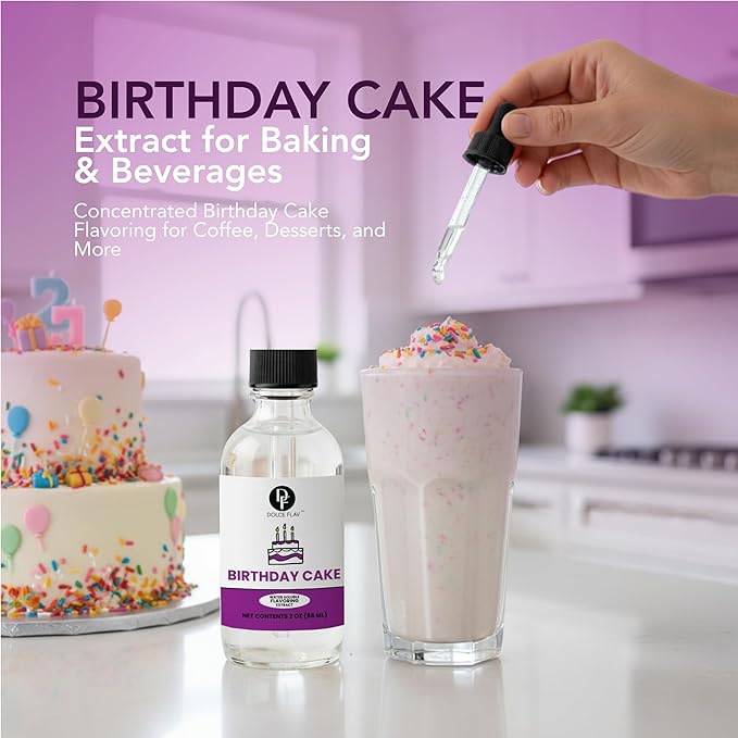 Dolce Flav Birthday Cake Extract – 2 Ounce Water-Soluble Kosher, Sugar-Free, Concentrated Festive Cake Flavoring for Frostings, Cupcakes & Desserts, Includes Measured Dropper
