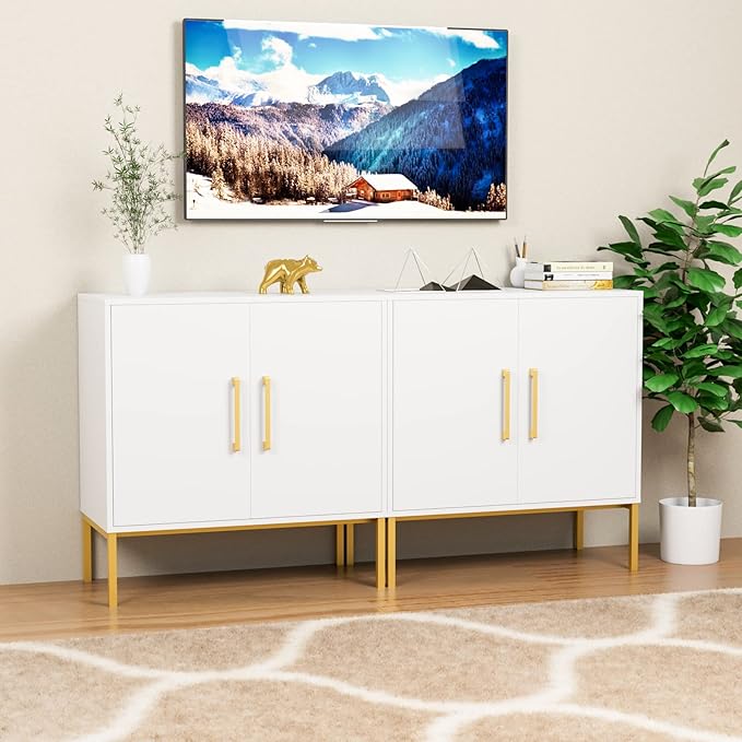 CARPETNAL Set of 2 Accent Storage Cabinet with Doors and Adjustable Shelf, Freestanding Buffet Cabinet, Modern Sideboard Buffet Cabinet for Living Room, Dining Room, Kitchen, Hallway (White)