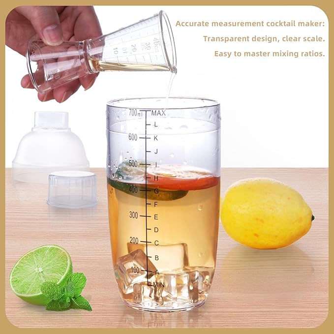 Plastic Bar Cocktail Shaker with Measuring Jigger Set,Hand Drink Mixer Boba Tea Shaker Cup with Scales,Bar Tool Transparent Protein(700ML)