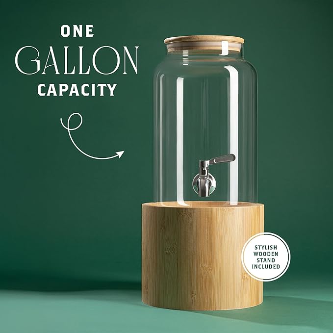 Kitchentoolz 1 Gallon Glass Drink Dispenser for Parties on Bamboo Stand - Premium Borosilicate Beverage Jar with Stainless Steel Spigot - Lemonade, Water, Sun Tea, Kombucha for Spa
