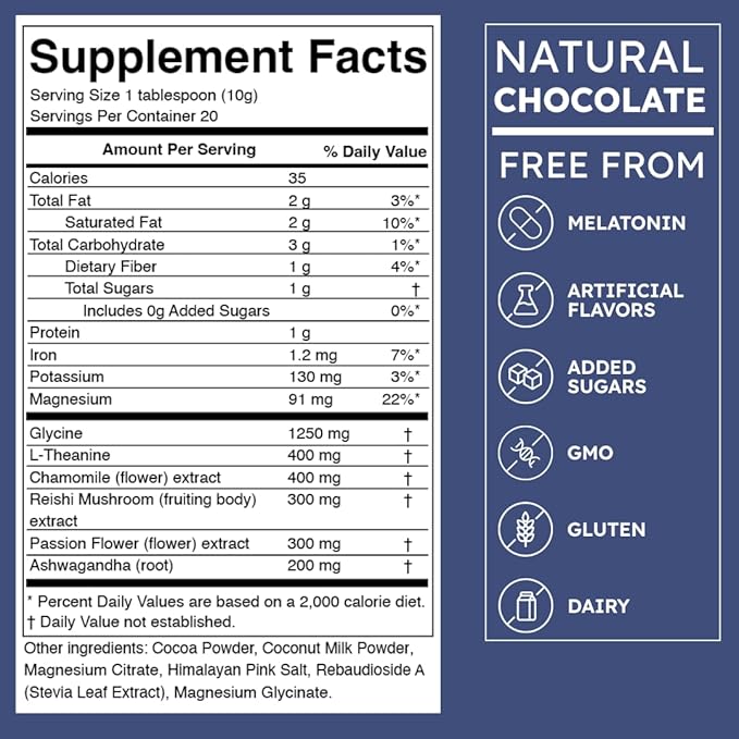 Brainoa Sleep Cocoa for Chocolate Lovers – With Magnesium Glycinate, Ashwagandha, Reishi Mushroom & L-Theanine – Bedtime Sleep Aid Drink for Adults – No Melatonin, Added Sugar, or Artificial Flavors