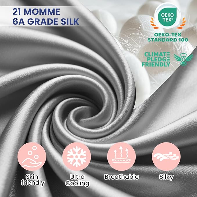 Ravmix Silk Pillow Cases with Zipper, 21momme Mulberry Silk Pillowcase for Hair Skin Health, Soft Smooth Breathable Cool Pillow Cover for Beauty Sleep with Gift Box 1PC(King 20"x36", Space Gray)