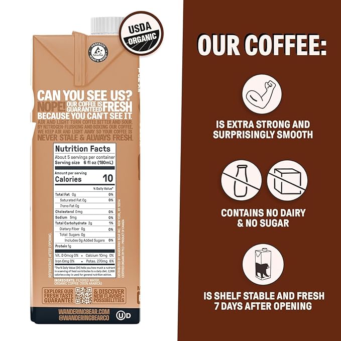 Wandering Bear Straight Black Organic Cold Brew Coffee - Extra Strong, Bold, Smooth, Unsweetened, Shelf-Stable, Ready to Drink, 100% Organic Iced Cold Brewed Coffee Drink - 32 fl oz, 3 pack