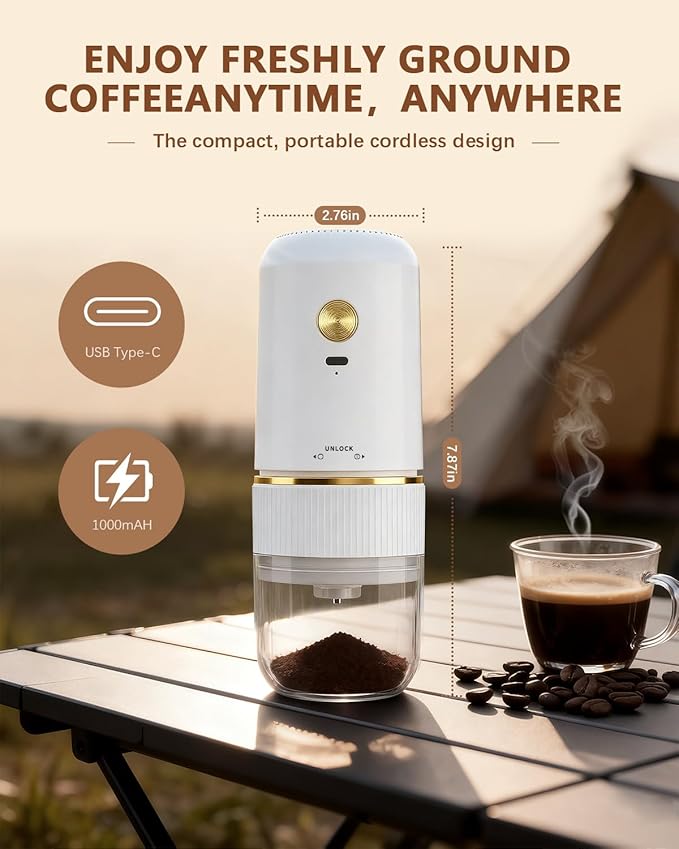 Portable Electric Coffee Grinder ，Automatic Coffee Grinder with USB Type-C wireless charging design，Adjustable Coarse to Fine for coffee beans, grains, cleaning brush + cable Includes (white)