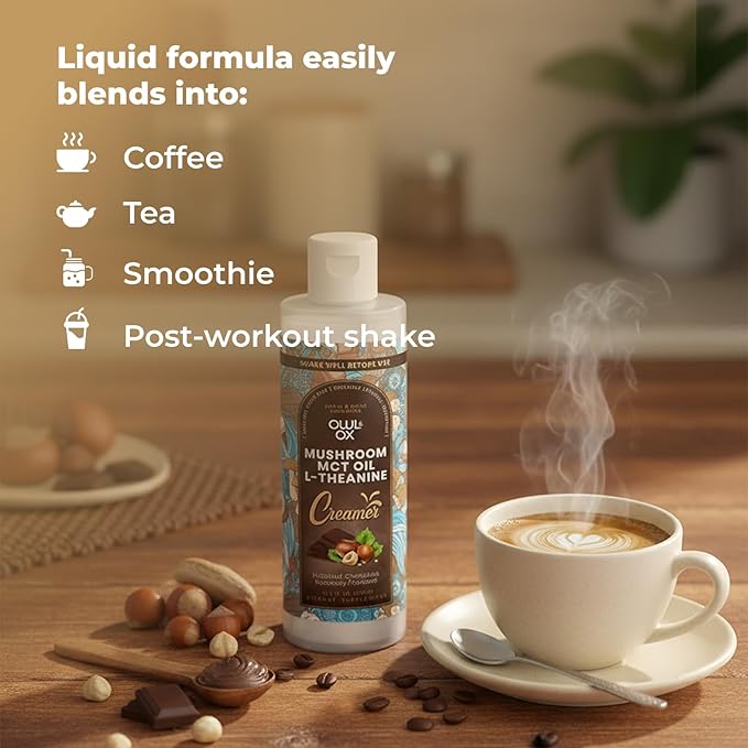 Mushroom Coffee Creamer with MCT Oil by Owl & Ox | L Theanine, Nootropic Superfood Blend, Vegan, Sugar Free, Dairy Free, Adaptogens, Plant Based & Keto Friendly, Hazelnut Chocolate Flavor, 30 Servings