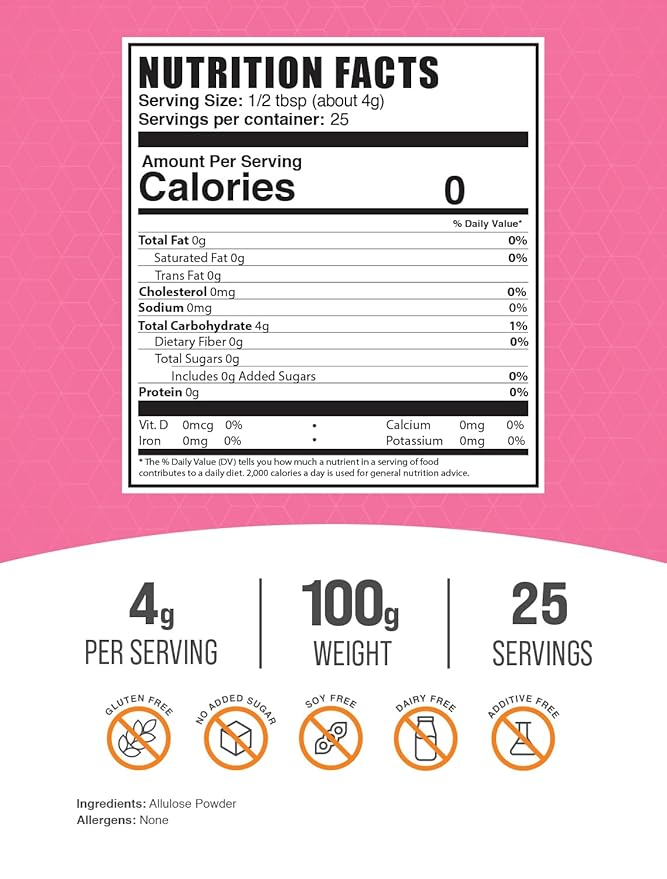 BulkSupplements.com Allulose Powder - Allulose Sweetener, Sugar Substitutes for Baking, Sugar Alternative - Pure & Gluten Free, 4g per Servings, 100g (3.5 oz) (Pack of 1)