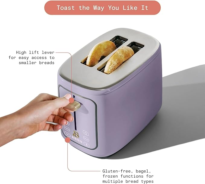 Beautiful 2 Slices Toaster with Touch-Activated Display, Lavander – Extra Wide Slots, 7 Shade Settings, Bagel & Defrost Functions, Removable Crumb Tray, Stylish Stainless Steel by Drew Barrymore