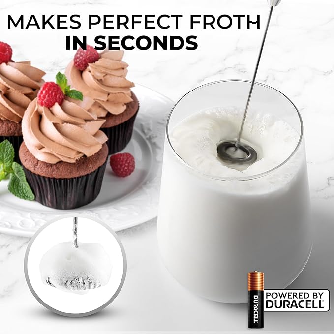 Zulay Kitchen Powerful Milk Frother Wand With 4 AA Duracell Batteries - Ultra Fast Handheld Drink Mixer - Electric Whisk Foam Maker for Coffee, Lattes, Cappuccino, Matcha & Creamer