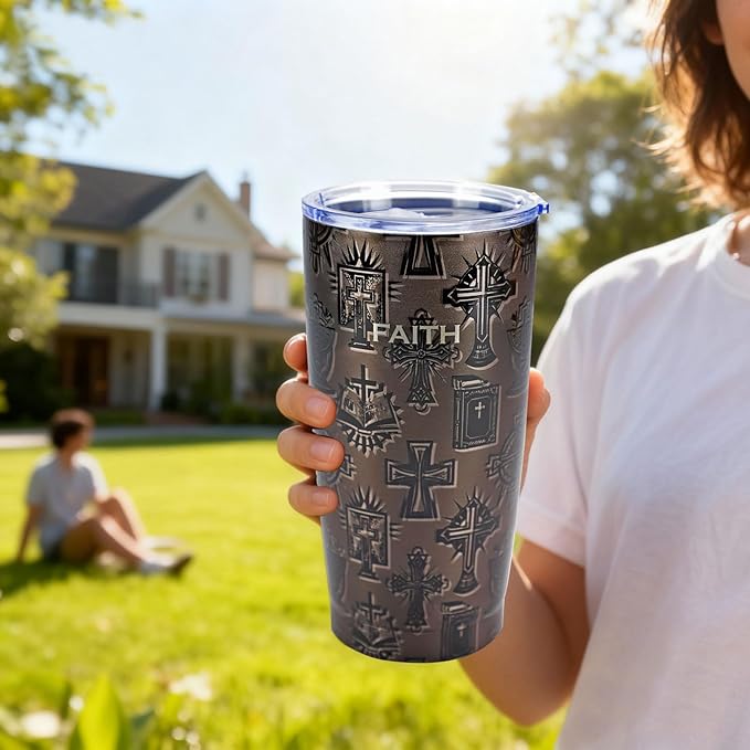 20oz Stainless Steel Double Insulated Tumbler | Christian Cross & Faith Design, Leak-Proof Travel Mug Cup for Hot/Cold Drinks, Ideal Pastor Appreciation/Catholic/Religious/Inspirational Gift
