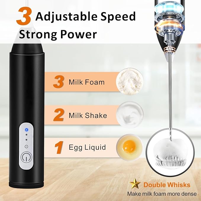 Rechargeable Milk Frother, Handheld Drink Mixer Electric Foam Maker for Coffee with Stainless Steel Whisk ＆ 3 Speeds, USB-C Coffee Frother Wand for Latte, Matcha, Protein Powder, Xmas Gift (Black)