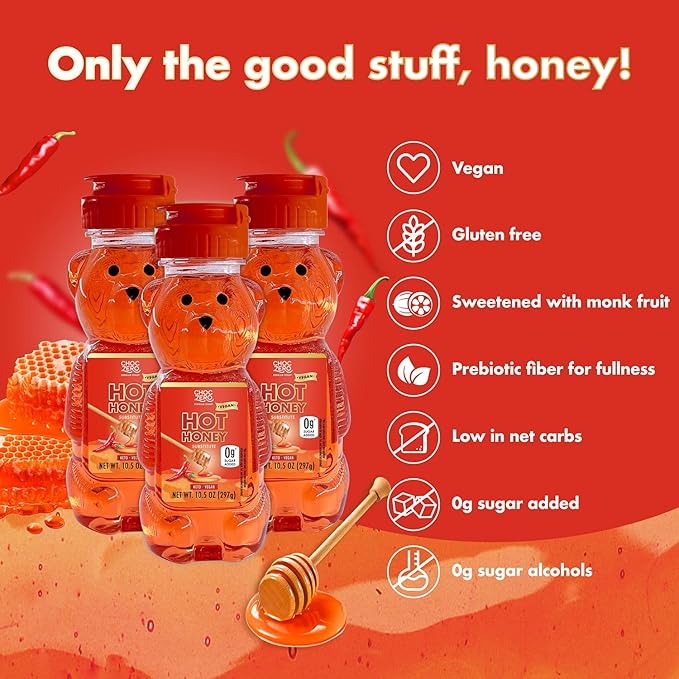 ChocZero Sugar Free Hot Honey, Vegan Spicy Honey Substitute, Keto Friendly, Low Carb, All Natural Red Chili Pepper Infused Sweet & Spicy Sauce, 10.5 oz Bottle