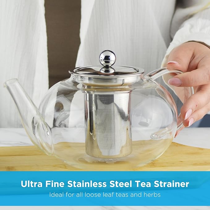 GROSCHE - Joliette Borosilicate Glass Teapot with Stainless Steel Infuser - 5 Cup Glass Teapot with Removable Strainer for Loose Leaf & Herbal Tea, Dishwasher Safe, 42 oz