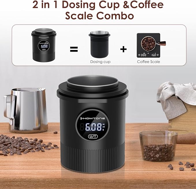 Homtone Coffee Dosing Cup with Scale, Rechargeable Espresso Scale, 0.05g Precision – Multi-Purpose for Espresso, Drip Coffee, French Press, Spices & More – Compatible with 58mm Portafilters (BLACK)