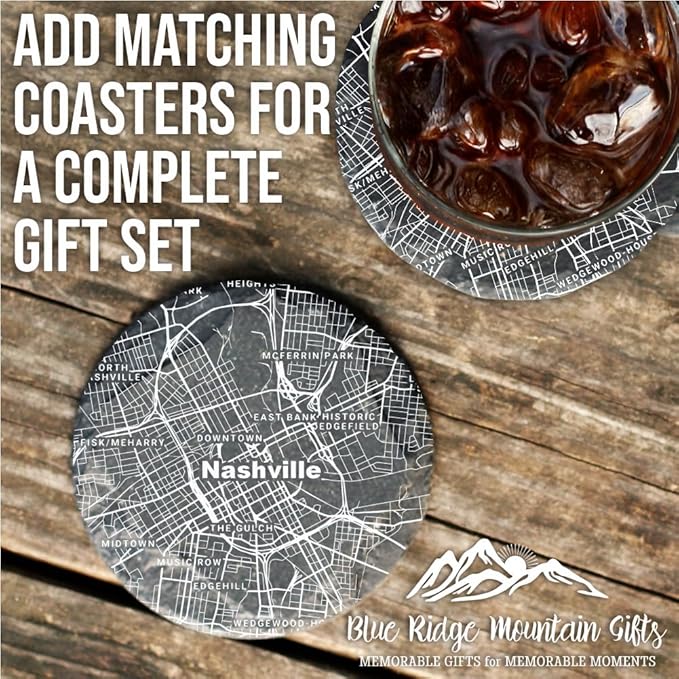 Blue Ridge Mountain Gifts - Nashville Souvenir - Tennessee Glassware Gift, Etched City Map, Laser Engraved and Dishwasher Safe
