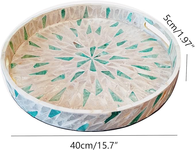 I-LAN 16 Inch Large Round Beige Green Mother of Pearl Severing Tray with Handle and 2”Side, Lacquer Wooden Shell Decor Platter, Gorgeous Inlay Nacre Ottoman Tray for Food, Breakfast, Coffee Table, L
