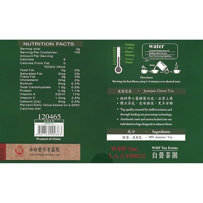 Wing Hop Fung Jasmine Green Tea Fresh Sealed Premium Natural Leaves Individually Wrapped 100 Tea Bags Perfect for Hot or Iced Tea