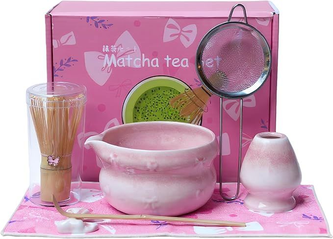 7pcs soft pink matcha whisk set with cute bow and heart motif - complete matcha kit set includes bamboo whisk, bowl, stand, scoop, sifter, towel -ideal gift for women and Japanese tea ceremony