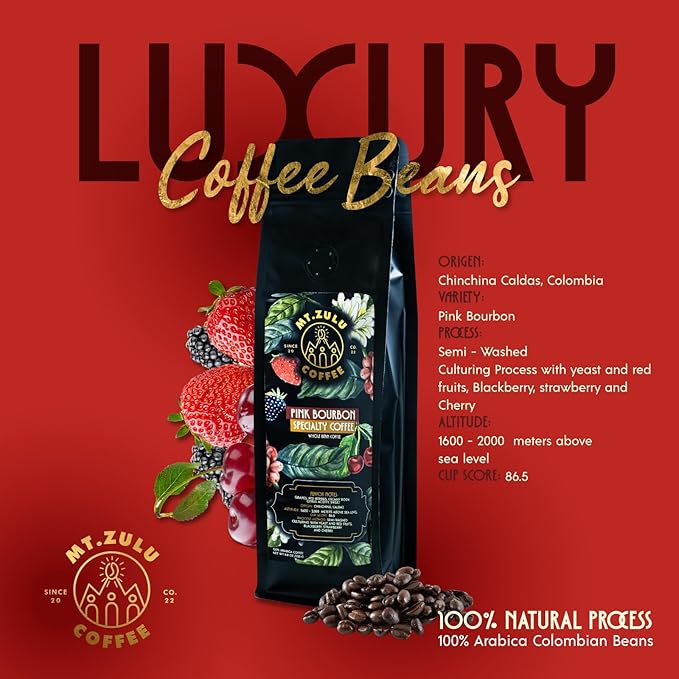 Mt. Zulu Pink Bourbon Beans – Fermented with Strawberry, Cherry & Blackberry | Specialty Colombian Coffee | Fruity Cup | 8oz Bag