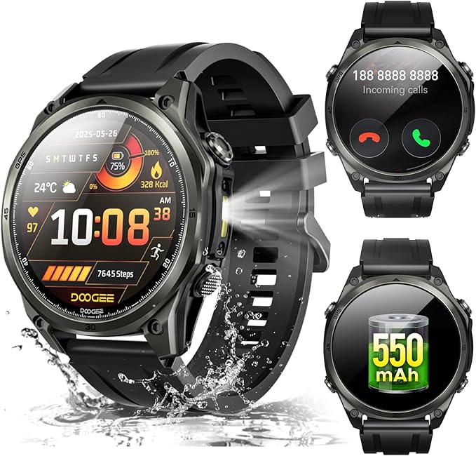 DOOGEE Anywise W1 Smart Watch 5ATM Waterproof Dual-Band GPS Fitness Tracker, 1.43'' AMOLED Screen Men Watches for Android and iPhone, 170+ Sports Modes, Bluetooth Call/18 Days Battery/2 Straps