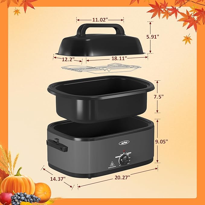 Sunvivi Electric Roaster,26 Quart Roasting Oven with Self-Basting Lid Removable Pan,Turkey Roaster Oven with 150 to 450F Temperature Control Cool-Touch Handles, Grey