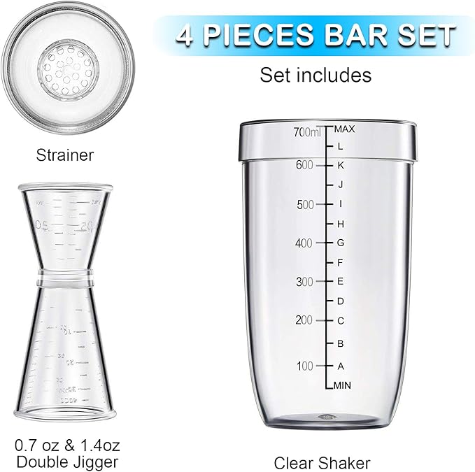 4 pcs Clear Cocktail Shaker Set 2 pcs Plastic bar Shaker with 2 pcs Plastic Cocktail Double Measuring Jigger