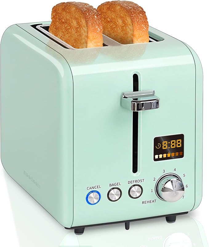 SEEDEEM 2 Slice Toaster With Color LCD Display - Stainless Steel, 7 Bread Shade Settings, 1.4'' Wide Slots, Bagel/Defrost/Reheat Functions, Removable Crumb Tray, 900W, Mint
