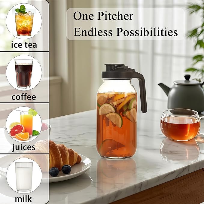 64oz Glass Pitcher Carafes With Handle and Lid, 2 Quart Mason Jar, Large Water Jug, Glass Containers for Fridge, Water Pitcher for Juice, Iced & Sun Tea, Cold Brew Coffee, Homemade Beverage