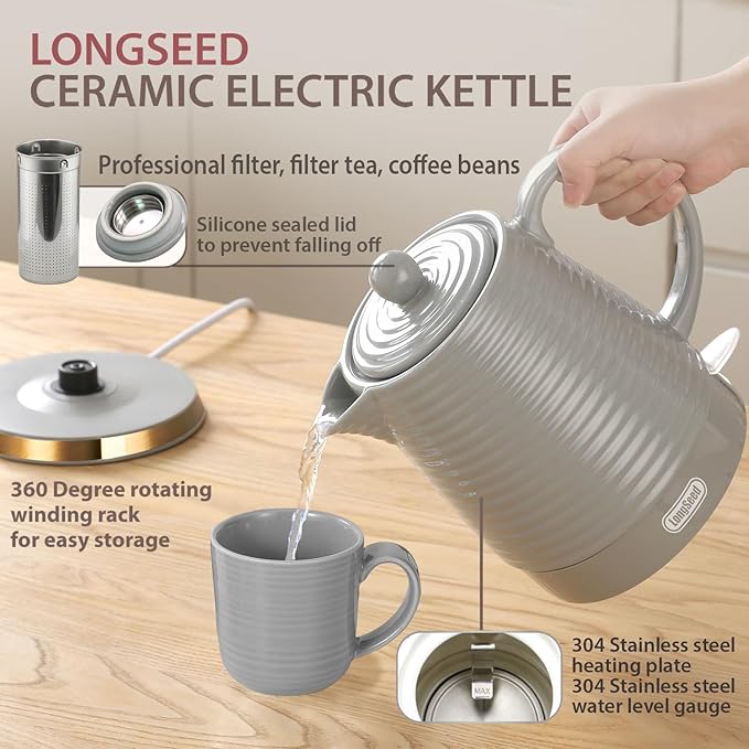 1.2 Liter Ceramic Electric Kettle Pot with Infuser & Mug, 1000W Boil Water Teapot, Fast Boiling, Boil-Dry Protection, Automatic Shut-Off, Rotatable Base