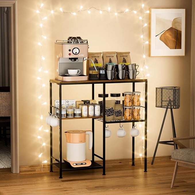 Consumest Microwave Stand, Adjustable Coffee Bar Cabinet, Multifunctional Pan Organizer with 6 Hooks and 3 Shelves, Bakers Rack for Shovel, Pots, Fruits, Vegetables, Brown&Black