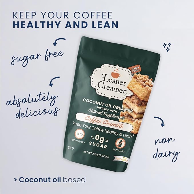 Leaner Creamer Coconut Creamer with Superfood Ingredients – Non-Dairy, Sugar-Free, Keto, Gluten-Free Powdered Coffee Creamer – Coffee Crumble – 280g