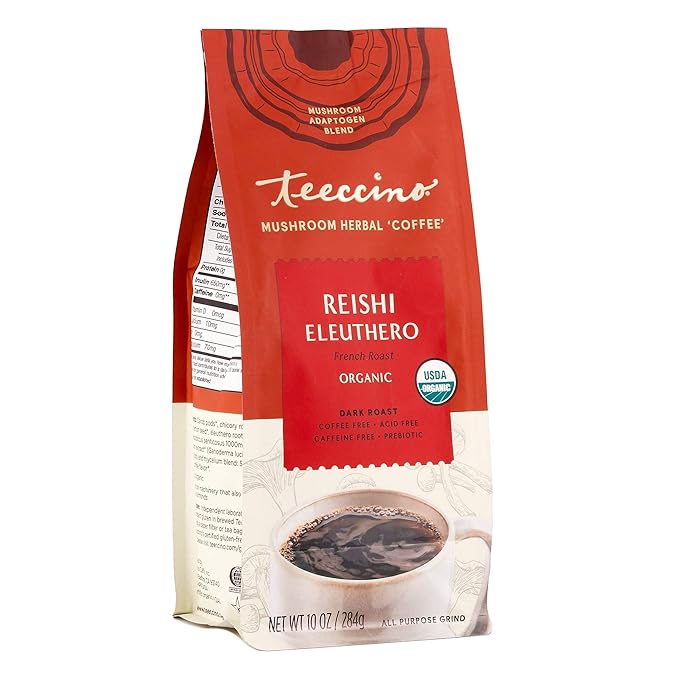 Teeccino Reishi Eleuthero Coffee Alternative - French Roast - Organic Adaptogenic Herbal Mushroom Coffee, Dark Roast, Caffeine Free, Prebiotic, Acid Free, All-Purpose Grind - 10 Oz, Pack of 3