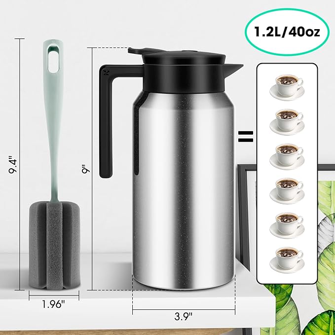 ShineMe Coffee Carafe, 40oz(1.2L) Stainless Steel Thermal Coffee Carafe for Keeping Hot/Cold, Travel Size Insulated Pitcher for Coffee, Tea, Water, Beverage Dispenser