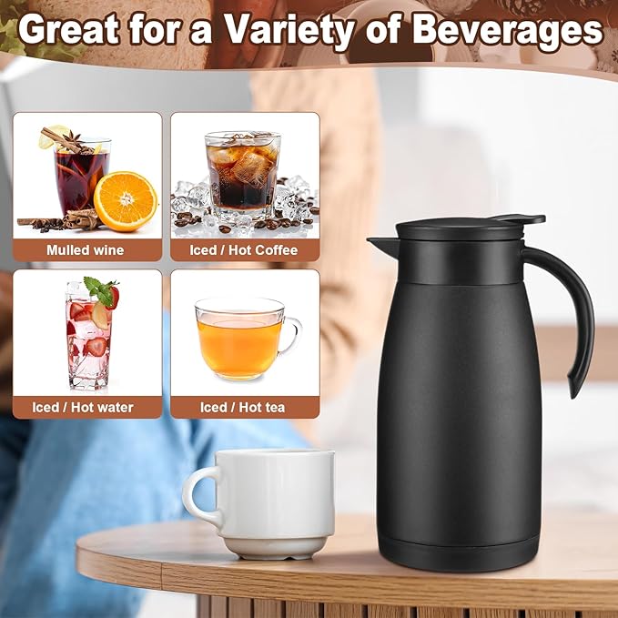 Uiifan 2 Pcs 34 Oz Thermal Coffee Carafe Stainless Steel Insulated Vacuum Coffee Carafes Double Walled Vacuum Thermal Pot Flask with Brushes for Keeping Cold Hot Tea Water Milk Home Office (Black)