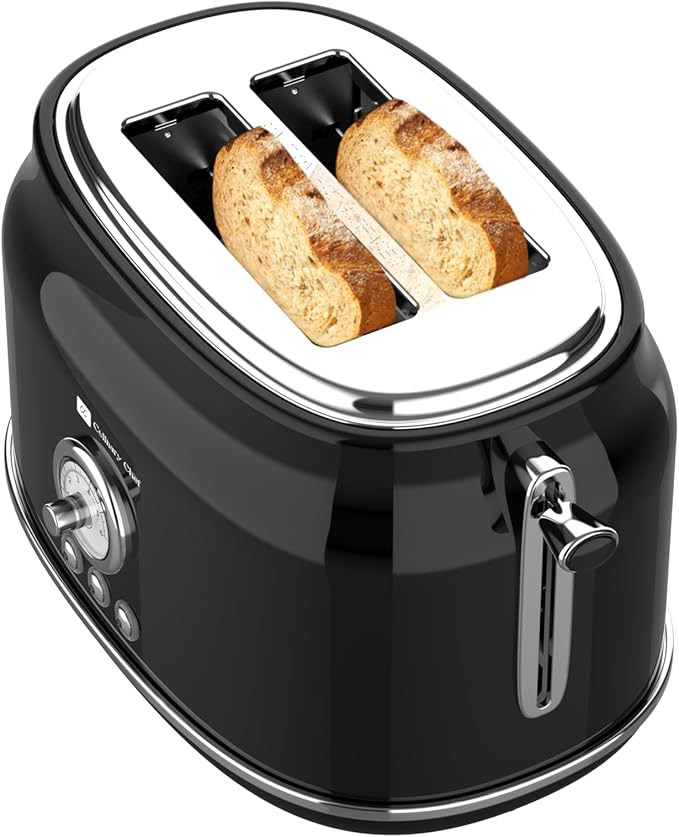 Frigidaire ETO102-WHITE, 2 Slice Toaster, Retro Style, Wide Slot for Bread, English Muffins, Croissants, and Bagels, 5 Adjustable Toast Settings, Cancel and Defrost, 900w, Black