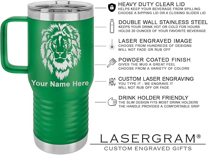 LaserGram 20oz Vacuum Insulated Travel Mug with Handle, Sushi, Personalized Engraving Included (Green)