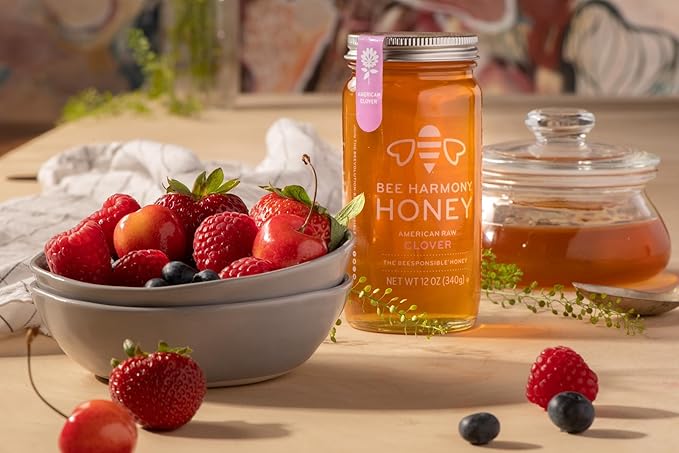 Bee Harmony Raw Clover Honey, 12 OZ (Pack of 2 Jars), Made in the USA