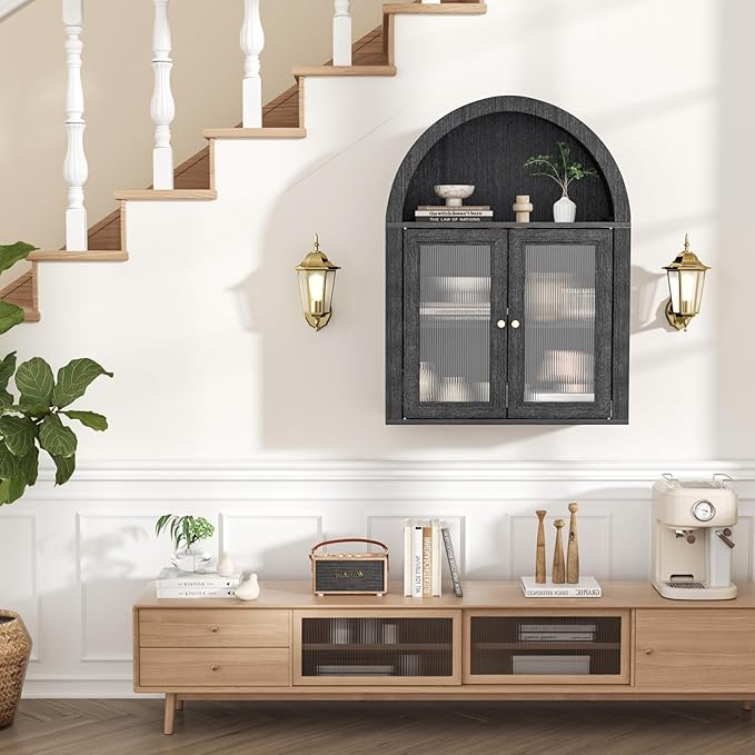 Arched Bathroom Cabinet, Wall Mounted Bathroom Cabinet with Tempered Glass Doors and Adjustable Shelf, for Kitchen, Living Room, Laundry Room, Restroom, Black