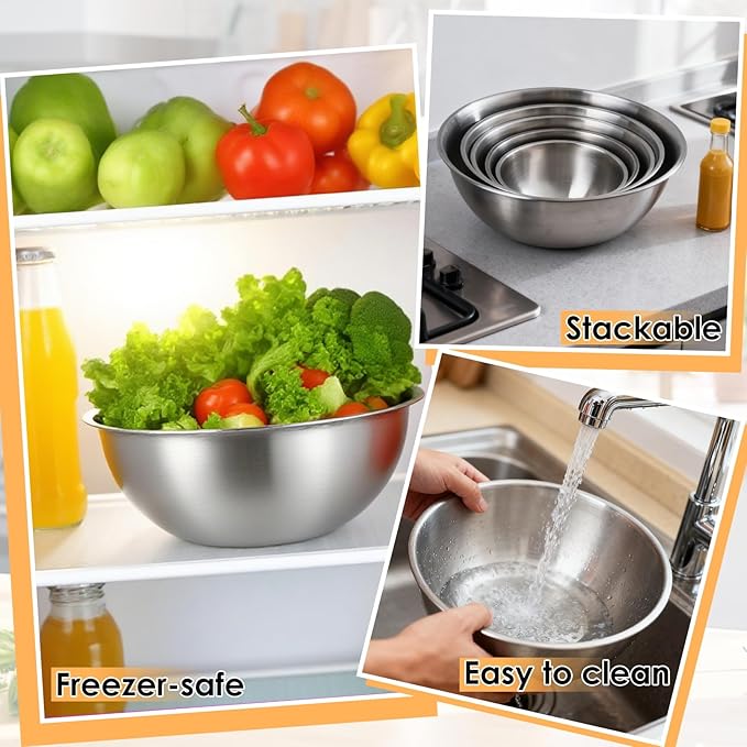 Stainless Steel Mixing Bowls Set of 5, Heavy Duty Stackable Nesting Bowls, Metal Mixing Bowls For Cooking, Prepping, Salad, Serving, Space Saving Kitchen Essentials, No Lids