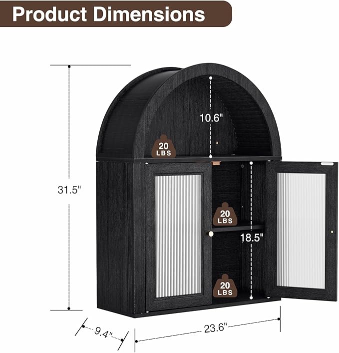 Arched Bathroom Cabinet, Wall Mounted Bathroom Cabinet with Tempered Glass Doors and Adjustable Shelf, for Kitchen, Living Room, Laundry Room, Restroom, Black