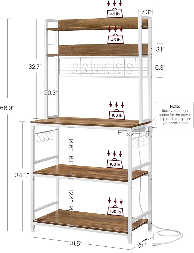 VASAGLE Bakers Rack with Power Outlet, Microwave Stand, Kitchen Tall Utility Storage Shelf, with Metal Wire Panel, 14 Hooks, 15.7 x 31.5 x 66.9 Inches, Rustic Walnut and Cloud White UKKS025W41