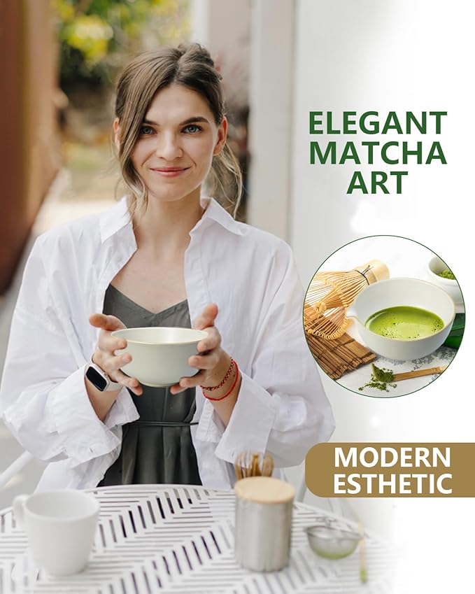 Matcha Whisk Set with Matcha Bowl, Matcha Bamboo Whisk, Scoop, Sifter, Matcha Set Holder Unique Gifts for Women Men Girl Friend Home Kitchen Decor Gifts for Christmas, Birthday(White)
