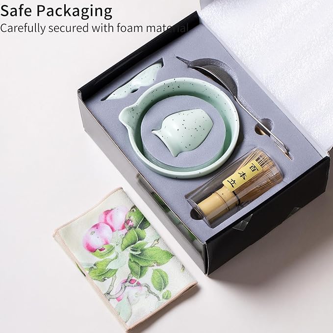 7Pcs Japanese Matcha Tea Set, Matcha Kit with Matcha Bowl (with Pouring Spout), Matcha Whisk, Whisk Holder, Strainer - Elegant Matcha Set for Gifting and Personal Use, Gift Box Packaging (Green spots)