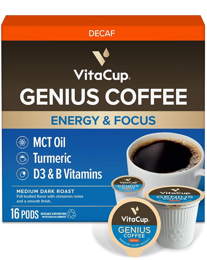 VitaCup Decaf Genius Keto Coffee Pods with MCT Oil, Turmeric and B Vitamins for Focus in Recyclable Single Serve Pod Compatible with K-Cup Brewers Including Keurig 2.0, 16 Ct