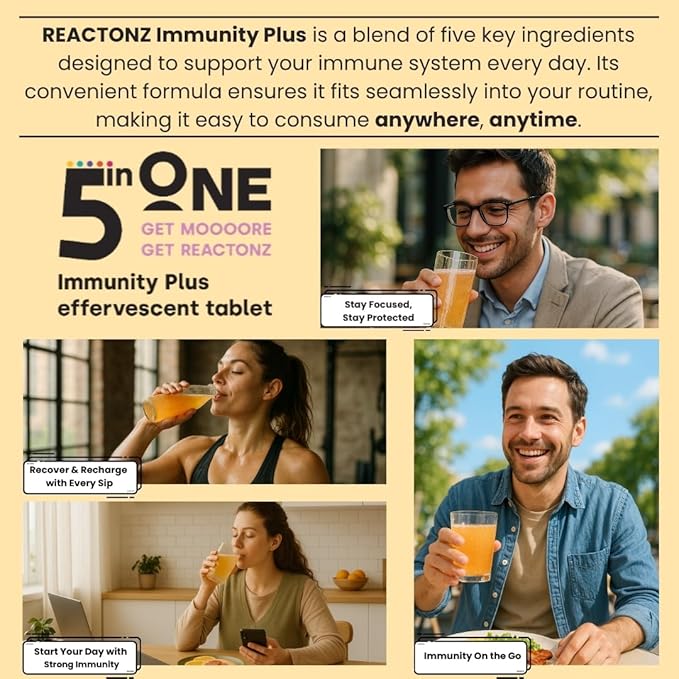5 in 1 Immunity Plus – Immune Support & Antioxidant Supplement – Vitamin C, Zinc, Manuka Honey, Rosehip & Propolis – Natural Zesty Orange Flavor – 60 Day Supply Effervescent Tablets