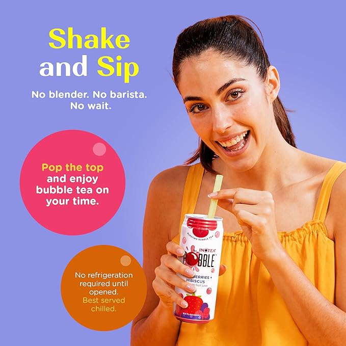 Inotea Pobble Bursting Bubble Tea - Refreshing Taiwanese Canned Boba with Popping Pearls - Ready-to-Drink Boba Tea - Enjoy Real Boba Without the Long Lines - Mixed Berries + Hibiscus - 12 pack