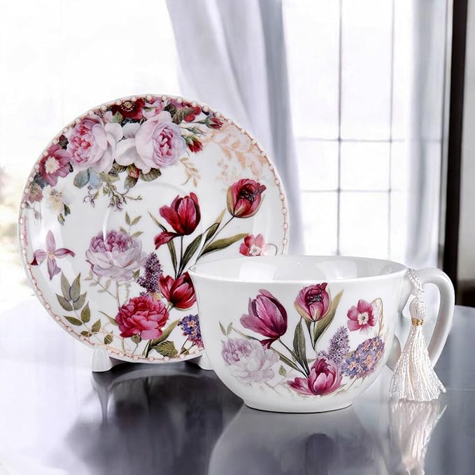 Tulip Bone China Cup 8.45 fl oz.(250ml) and Saucer 5.78"(14.7cm) Set in Gift Box