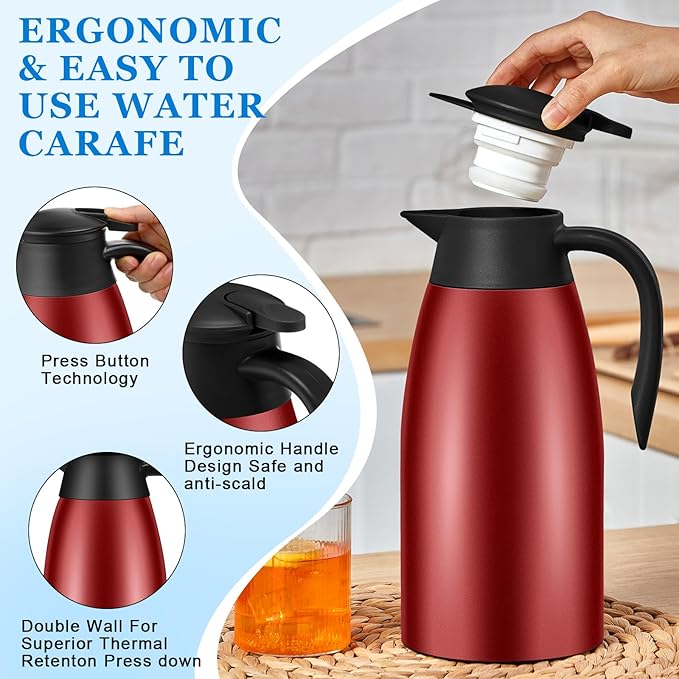 Uiifan 2 Pcs 68oz Thermal Coffee Carafe Insulated Stainless Steel Thermal Coffee Carafe Double Walled Vacuum Flask Carafes with Brushes for Keeping Tea for 12 Hours(Wine Red)