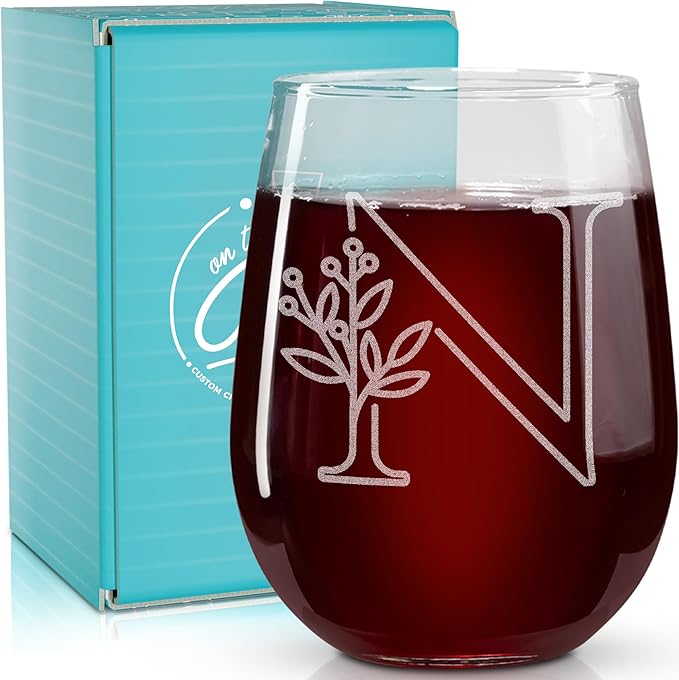On The Rox Drinks Monogrammed Gifts For Women and Men - Letter A-Z Initial Engraved Monogram Stemless Wine Glass - 17 Oz Personalized Wine Gifts For Women and Men (N)